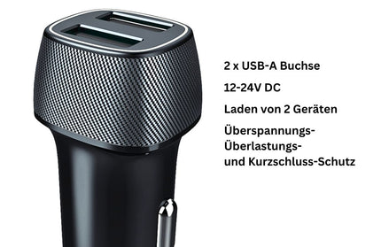 Kfz-Ladeadapter "Picco" 12Watt schwarz 2x USB-A Anschlüsse 5V/2.4A , Gehäuse Carbon-Optik