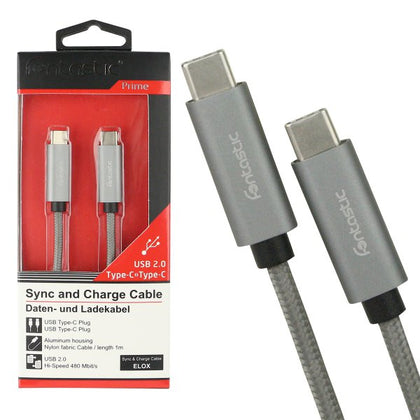 Datenkabel Elox USB Type-C > Type-C 2.0 1m Silber Stecker Alu-Gehäuse Kabel Nylon-Ummantelung