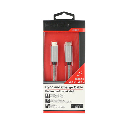 Datenkabel Elox USB Type-C > Type-C 2.0 1m Sp Grey Stecker Alu-Gehäuse Kabel Nylon-Ummantelung