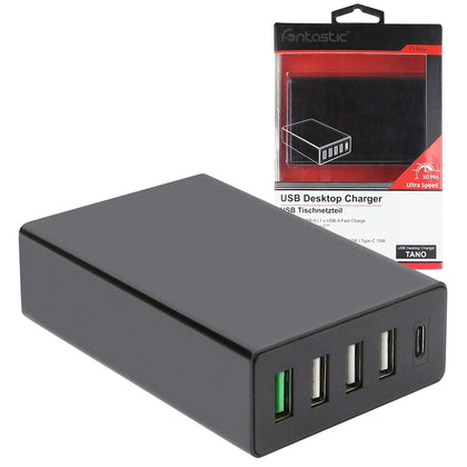 Netzteil Tano 4x USB + 1x Type-C 45W schwarz mit integriertem Smart IC + Fast Charge 3