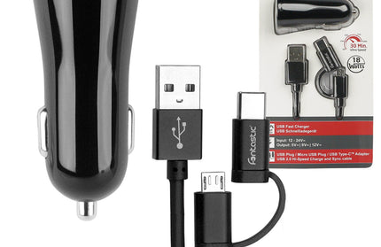 Essential Kfz-Ladeadapter Speed Fast3.0 USB 18W sw inklusive Micro-USB/Type-C Datenkabel 1.2m