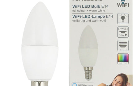 WLAN-LED-Lampe 4.5W E14, Dimmbar Farbe+Warmweiß komp. zu Android,iOS,Alexa,Google Assistant