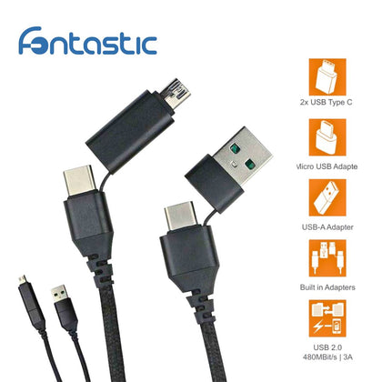 Datenkabel Quattro Type-C - Type C 1.5m + Adapt sw Stecker Alu-Gehäuse, Kabel Nylon-Ummantelung, 4in1