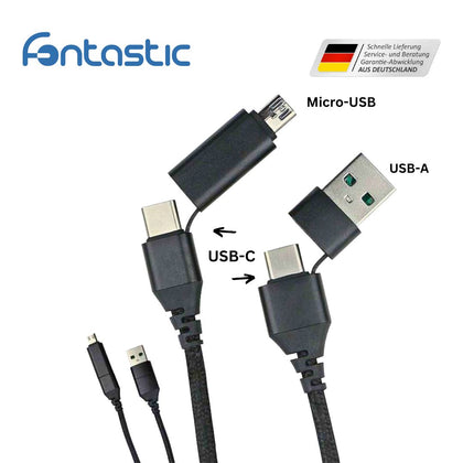 Datenkabel Quattro Type-C - Type C 1.5m + Adapt sw Stecker Alu-Gehäuse, Kabel Nylon-Ummantelung, 4in1