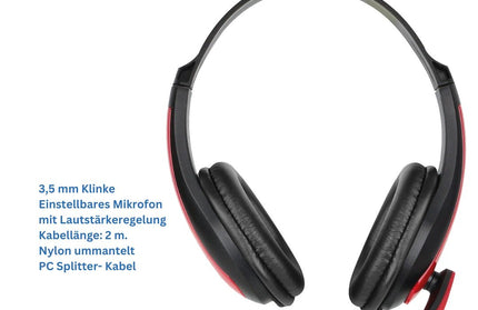 Gaming Headset ToXx PRO, 2M Kabel, schwarz / rot Mikrofon, Lautstärkeregler, AUX Y-Splitter für PC