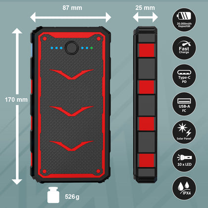 Solar Power Bank Xora20 20000mAh schwarz Fast Charge, LED Licht, 2 x USB-A, 1 x Typ-C