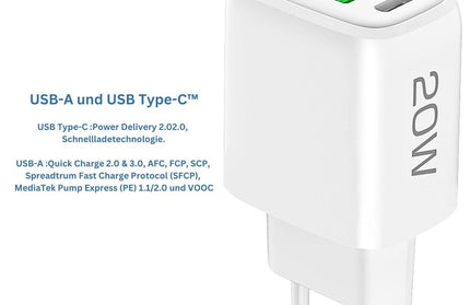 Netzteil Ovin, USB-A FC3 + Typ-C PD20W weiß Power Delivery, Fast Charge 3, TÜV / GS-Zertifikat