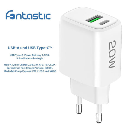 Netzteil Ovin, USB-A FC3 + Typ-C PD20W weiß Power Delivery, Fast Charge 3, TÜV / GS-Zertifikat