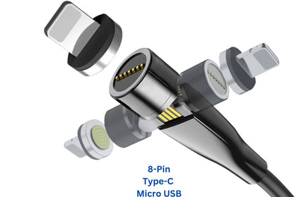 3in1 - Magnet Datenkabel 540Grad Drehbar, schwarz 8-PIN+Typ-C+MIcro USB, Max.3A, 1,2M, IPX5 konform