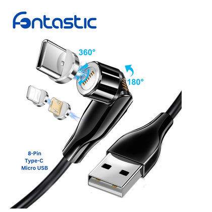 3in1 - Magnet Datenkabel 540Grad Drehbar, schwarz 8-PIN+Typ-C+MIcro USB, Max.3A, 1,2M, IPX5 konform