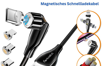 3in1 - Magnet Datenkabel 540Grad Drehbar, schwarz 8-PIN+Typ-C+MIcro USB, Max.3A, 1,2M, IPX5 konform