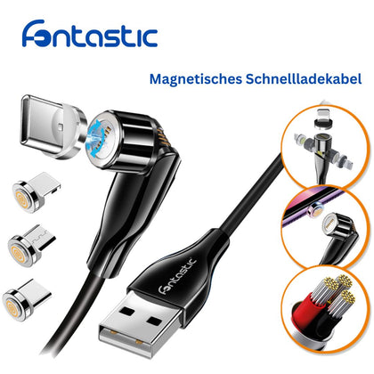 3in1 - Magnet Datenkabel 540Grad Drehbar, schwarz 8-PIN+Typ-C+MIcro USB, Max.3A, 1,2M, IPX5 konform