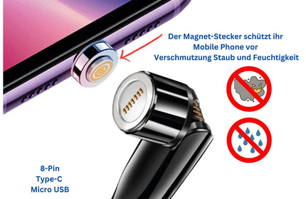 3in1 - Magnet Datenkabel 540Grad Drehbar, schwarz 8-PIN+Typ-C+MIcro USB, Max.3A, 1,2M, IPX5 konform