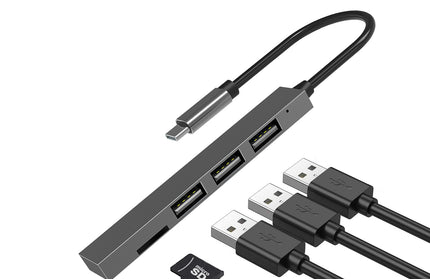 4-in-1 USB Typ-C Hub, Ultra Slim, Plug&Play, grau 3 x USB-A 2.0, MicroSD Kartenleser