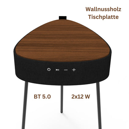 Drahtloser Lautsprecher Mesu Tisch Design sw+Holz TWS, Walnussholz Tischplatte, Induktives Laden