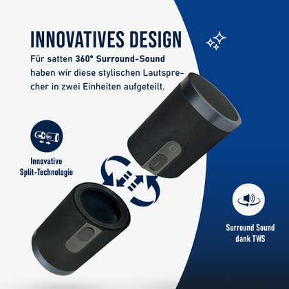 Fontastic Exclusive 2in1 TWS Lautsprecher Pisa, sw 360° Raumklang, Split-Design, 20Watt, IPX6