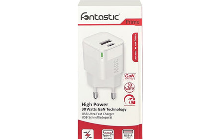 Netzteil GaNto30 Type-C PD + USB-A FC GaN 30W Power Delivery, Fast Charge 3, max.3A, weiß