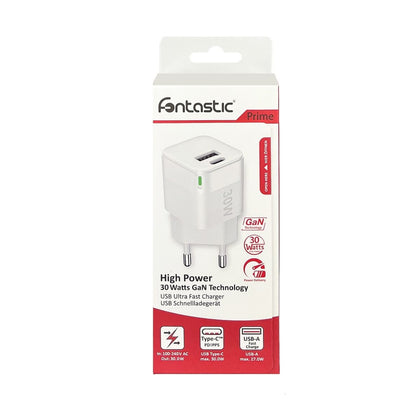 Netzteil GaNto30 Type-C PD + USB-A FC GaN 30W Power Delivery, Fast Charge 3, max.3A, weiß