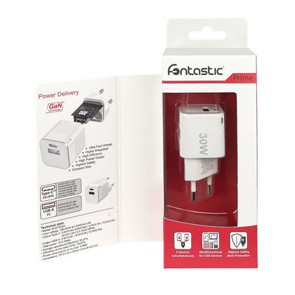 Netzteil GaNto30 Type-C PD + USB-A FC GaN 30W Power Delivery, Fast Charge 3, max.3A, weiß