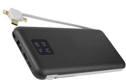 Power Bank Kari 10.000mAh integriertes Ladekabel 4in1, Micro-USB/8-Pin/Typ-C + USB-A, schwarz