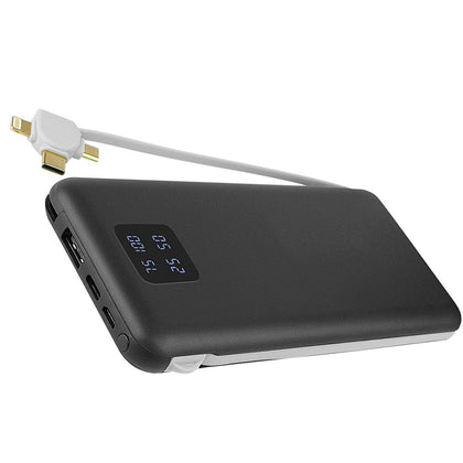 Power Bank Kari 10.000mAh integriertes Ladekabel 4in1, Micro-USB/8-Pin/Typ-C + USB-A, schwarz