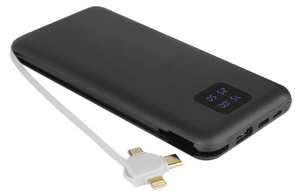 Power Bank Kari 10.000mAh integriertes Ladekabel 4in1, Micro-USB/8-Pin/Typ-C + USB-A, schwarz