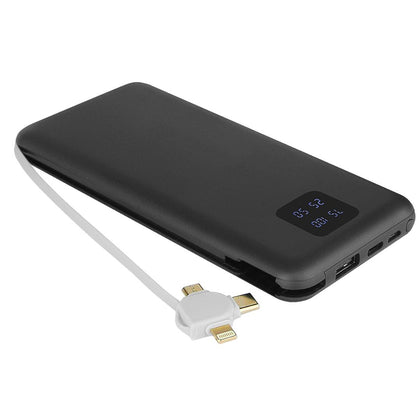 Power Bank Kari 10.000mAh integriertes Ladekabel 4in1, Micro-USB/8-Pin/Typ-C + USB-A, schwarz