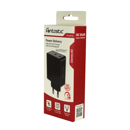 Netzteil 2 x USB Typ-C, Power Deliver, 40W Max. 2 x 20W, Ganto40, schwarz