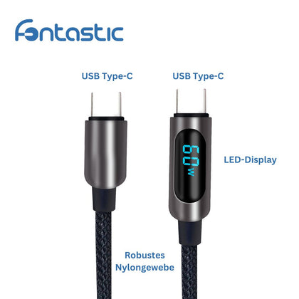 Datenkabel mit Digitalanzeige Typ-C > Typ-C 1.2m Alu-Gehäuse, Kabel Nylon, 60W PD, max.3A, Kuva, sw