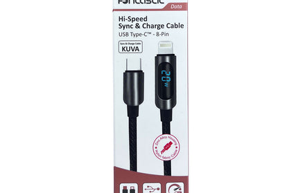 Datenkabel mit Digitalanzeige Typ-C > 8 PIN 1.2m Alu-Gehäuse, Kabel Nylon, 20W, max.2,22A, Kuva, sw