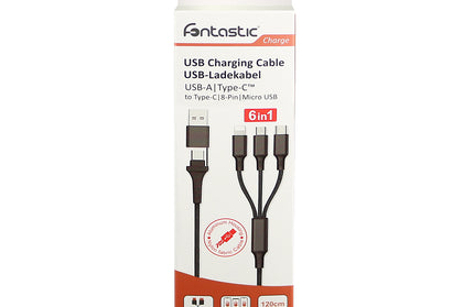 6in1 Ladekabel USB-A/Type-C/8-Pin/Micro USB 1.2m Al-Gehäuse, Nylon ummantelt, Multi-Laden 2.4A sw