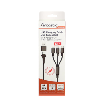 6in1 Ladekabel USB-A/Type-C/8-Pin/Micro USB 1.2m Al-Gehäuse, Nylon ummantelt, Multi-Laden 2.4A sw