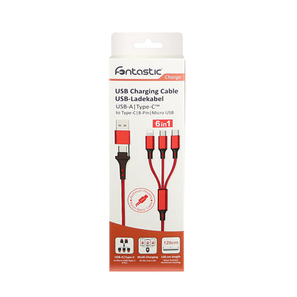 6in1 Ladekabel USB-A/Type-C/8-Pin/Micro USB 1.2m Al-Gehäuse, Nylon ummantelt, Multi-Laden 2.4A rot