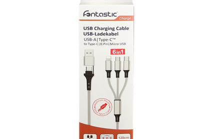 6in1 Ladekabel USB-A/Type-C/8-Pin/Micro USB 1.2m Al-Gehäuse, Nylon ummantelt, Multi-Laden 2.4A silb