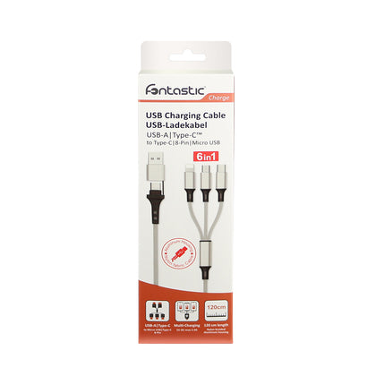 6in1 Ladekabel USB-A/Type-C/8-Pin/Micro USB 1.2m Al-Gehäuse, Nylon ummantelt, Multi-Laden 2.4A silb