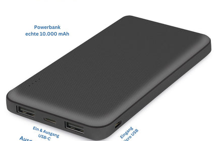 Power Bank Renz10 10.000mAh, 2x USB-A & 1x Typ-C Ladezustandsanzeige, In & Output 5V / 2A, schwarz