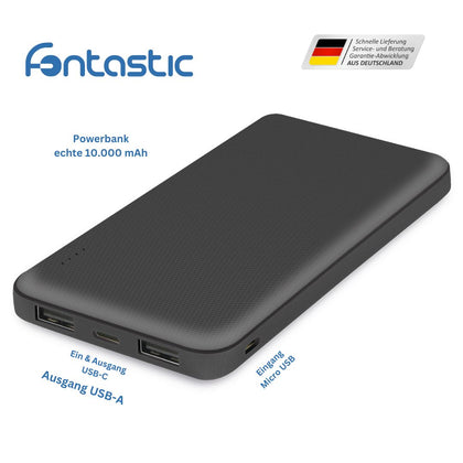 Power Bank Renz10 10.000mAh, 2x USB-A & 1x Typ-C Ladezustandsanzeige, In & Output 5V / 2A, schwarz