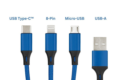 3in1 Essential Ladekabel TypC/8-PIN/Micro USB 1.2M Al-Gehäuse, Nylon ummantelt Multi-Charging 2A blau