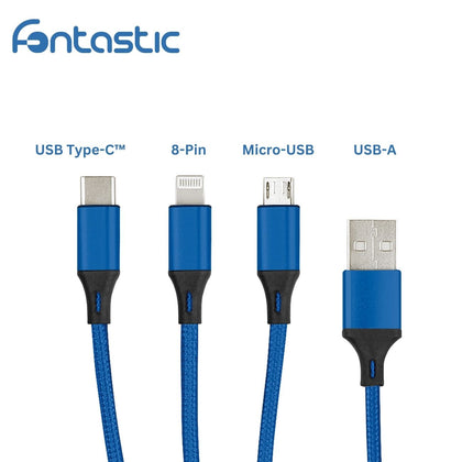 3in1 Essential Ladekabel TypC/8-PIN/Micro USB 1.2M Al-Gehäuse, Nylon ummantelt Multi-Charging 2A blau