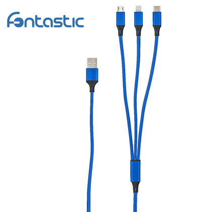 3in1 Essential Ladekabel TypC/8-PIN/Micro USB 1.2M Al-Gehäuse, Nylon ummantelt Multi-Charging 2A blau