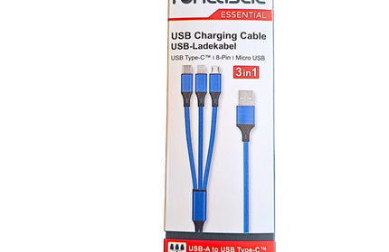 3in1 Essential Ladekabel TypC/8-PIN/Micro USB 1.2M Al-Gehäuse, Nylon ummantelt Multi-Charging 2A blau