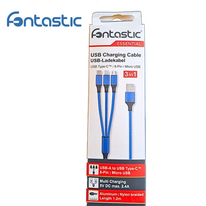 3in1 Essential Ladekabel TypC/8-PIN/Micro USB 1.2M Al-Gehäuse, Nylon ummantelt Multi-Charging 2A blau