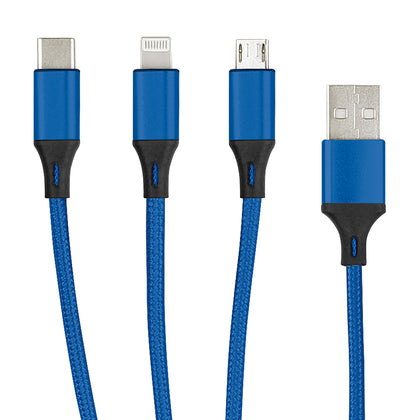 3in1 Essential Ladekabel TypC/8-PIN/Micro USB 1.2M Al-Gehäuse, Nylon ummantelt Multi-Charging 2A blau