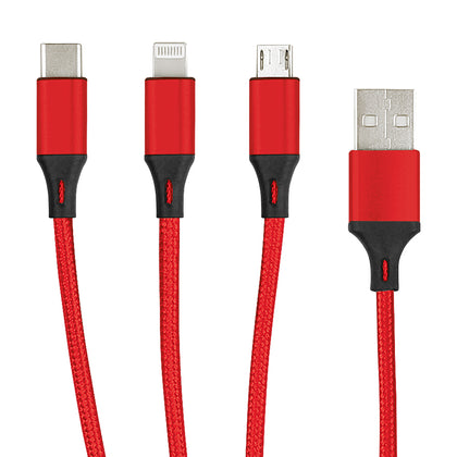 3in1 Essential Ladekabel TypC/8-PIN/Micro USB 1.2M Al-Gehäuse, Nylon ummantelt, Multi-Charging 2A rot