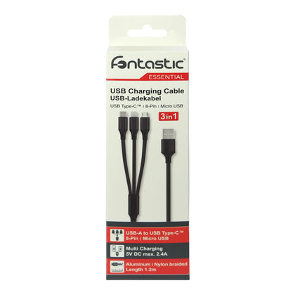 3in1 Essential Ladekabel TypC/8-PIN/Micro USB 1.2M Al-Gehäuse, Nylon ummantelt, Multi-Charging 2A sw