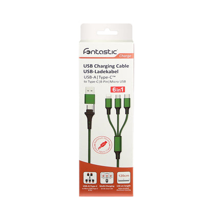 6in1 Ladekabel USB-A/Type-C/8-Pin/Micro USB 1.2m Al-Gehäuse, Nylon ummantelt, Multi-Laden 2.4A grün