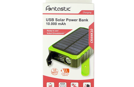 Solar Outdoor Power Bank Crank10 10000mAh schwarz Solarpanel, Handkurbel, Taschenlampe, USB-A, Typ-C