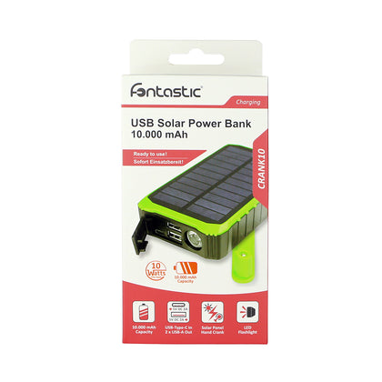 Solar Outdoor Power Bank Crank10 10000mAh schwarz Solarpanel, Handkurbel, Taschenlampe, USB-A, Typ-C