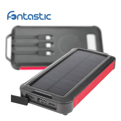 Solar Power Bank 10.000mAh integriertes Ladekabel Solarpanel, Taschenlampe, USB-A/Typ-C/8PIN schwarz