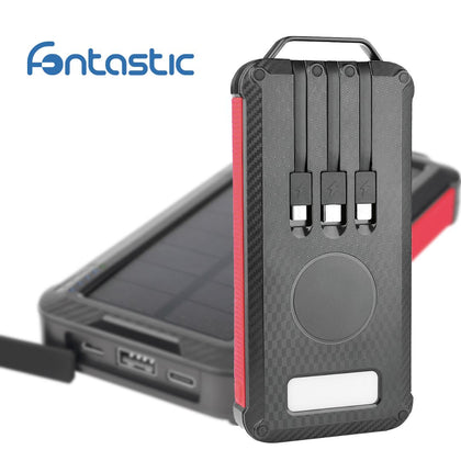 Solar Power Bank 10.000mAh integriertes Ladekabel Solarpanel, Taschenlampe, USB-A/Typ-C/8PIN schwarz